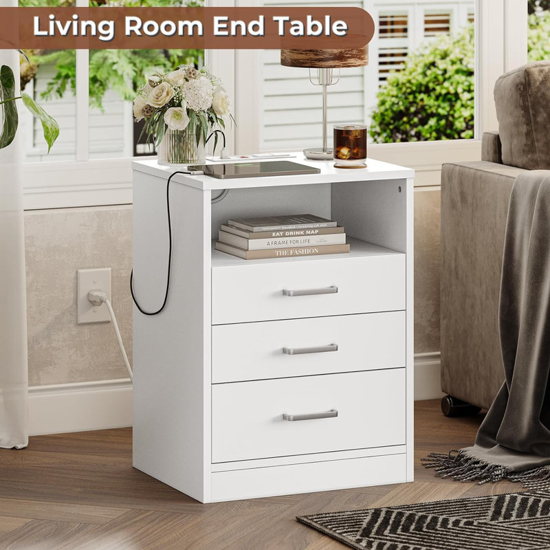 2024 3 Drawers End Storage Wood Side Nightstand-White HW56016WH